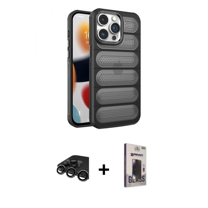 MARSİLYAN™- iPhone 15 Pro Kılıf Yadigar Doku Özel Seri - Siyah Bilvis Hayalet Cam Ekran Koruyucu + Raze Metal Kamera Lens - TMGI
