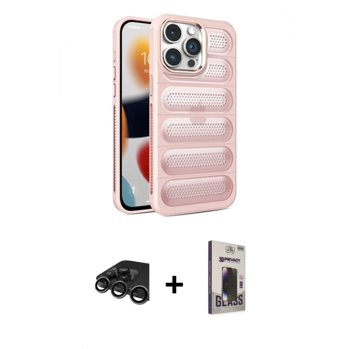 MARSİLYAN™- iPhone 15 Pro Kılıf Yadigar Doku Özel Seri - Siyah Bilvis Hayalet Cam Ekran Koruyucu + Raze Metal Kamera Lens - TMGI
