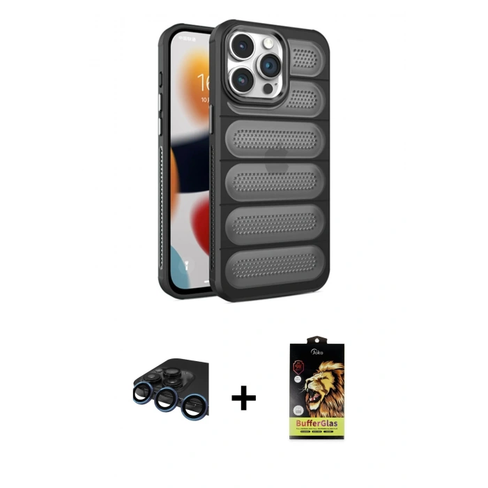 MARSİLYAN™- iPhone 15 Pro Kılıf Yadigar Doku Özel Seri - Siyah Buffer Cam Ekran Koruyucu + Raze Metal Kamera Lens - LT