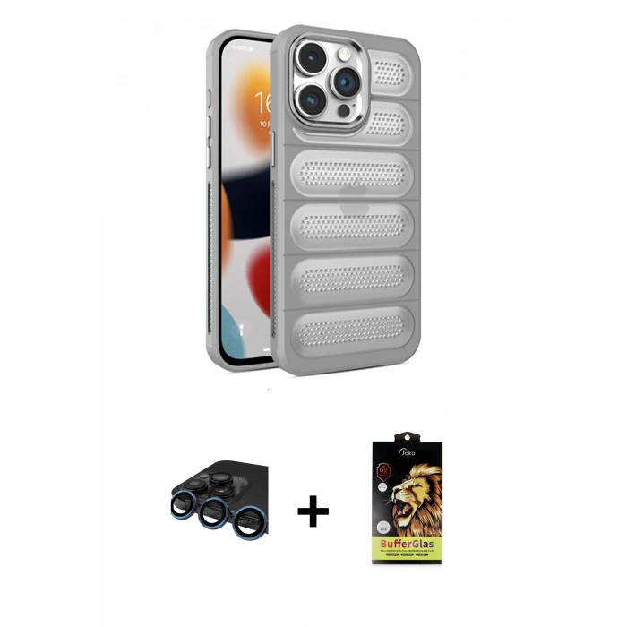 MARSİLYAN™- iPhone 15 Pro Kılıf Yadigar Doku Özel Seri - Siyah Buffer Cam Ekran Koruyucu + Raze Metal Kamera Lens - LT