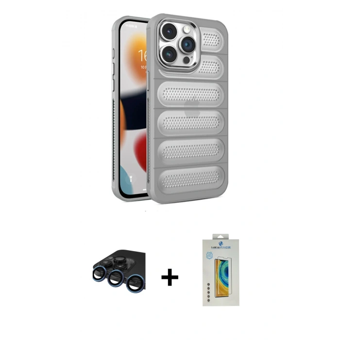 MARSİLYAN™- iPhone 15 Pro Kılıf Yadigar Doku Özel Seri - Siyah Polymer Nano Ekran Koruyucu + Lacivert Raze Metal Kamera Lens