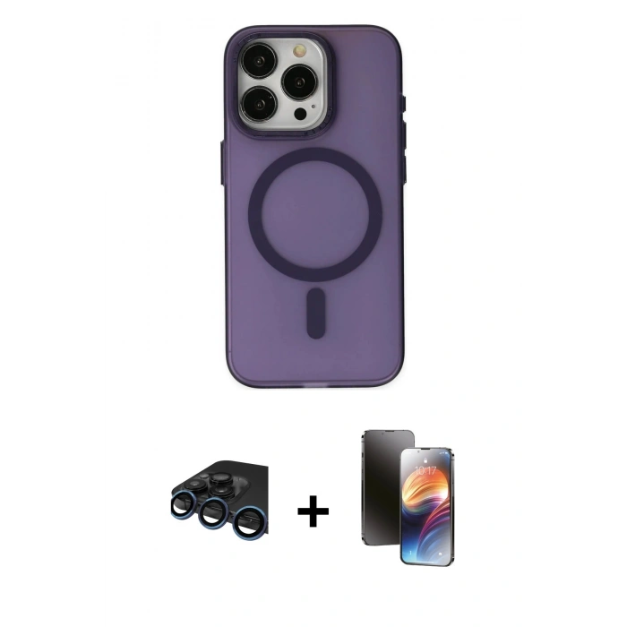 MARSİLYAN™- iPhone 15 Pro Kılıf Yadigar Işık - Siyah 3D Antistatik Mat Seramik Nano Ekran Koruyucu + Lacivert Raze Metal Kamera Lens