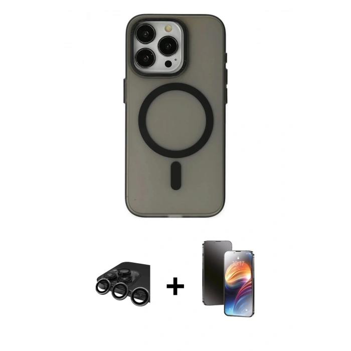 MARSİLYAN™- iPhone 15 Pro Kılıf Yadigar Işık - Siyah 3D Antistatik Mat Seramik Nano Ekran Koruyucu + Titanyum Gri Raze Metal Kamera Lens