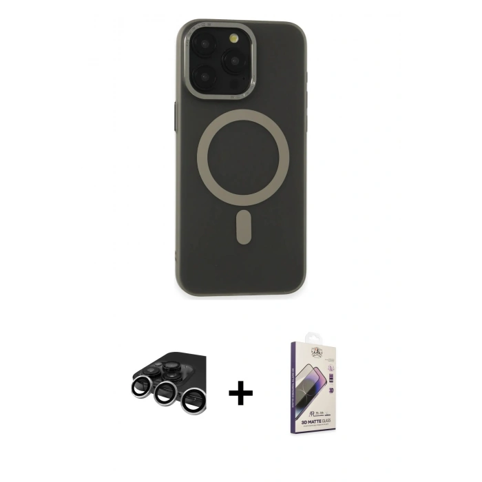MARSİLYAN™- iPhone 15 Pro Kılıf Yadigar Işık - Siyah Bilvis 3D Mat Cam Ekran Koruyucu + Raze Metal Kamera Lens - GS