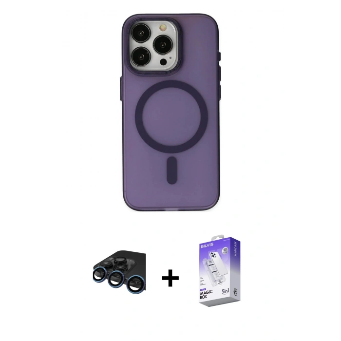 MARSİLYAN™- iPhone 15 Pro Kılıf Yadigar Işık - Siyah Bilvis 5in1 3D Magic Cam Ekran Koruyucu + Raze Metal Kamera Lens - LT