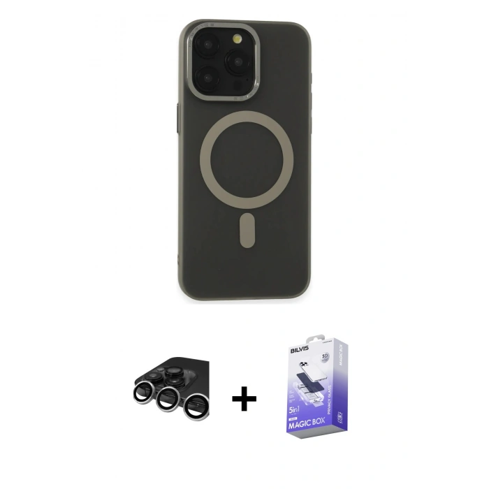 MARSİLYAN™- iPhone 15 Pro Kılıf Yadigar Işık - Siyah Bilvis 5in1 5D Magic Hayalet Cam Ekran Koruyucu + Raze Metal Kamera Lens - GS