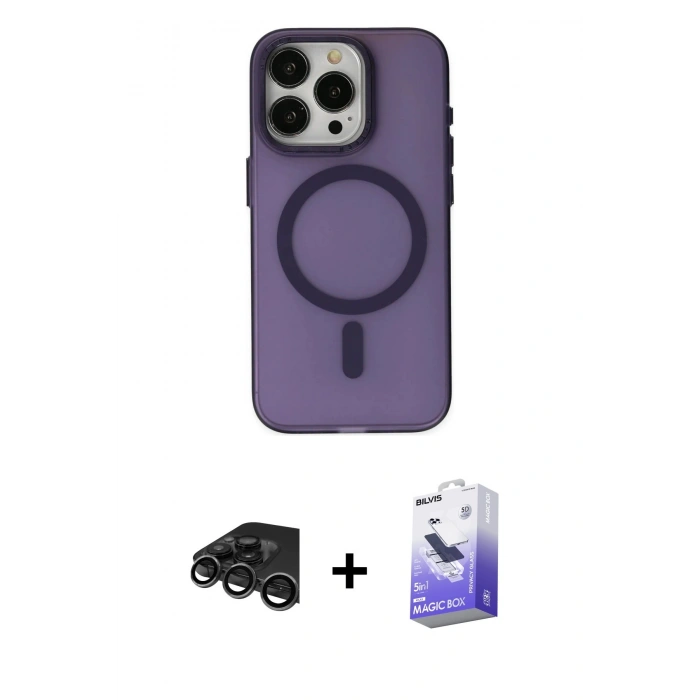 MARSİLYAN™- iPhone 15 Pro Kılıf Yadigar Işık - Siyah Bilvis 5in1 5D Magic Hayalet Cam Ekran Koruyucu + Raze Metal Kamera Lens - TMGI