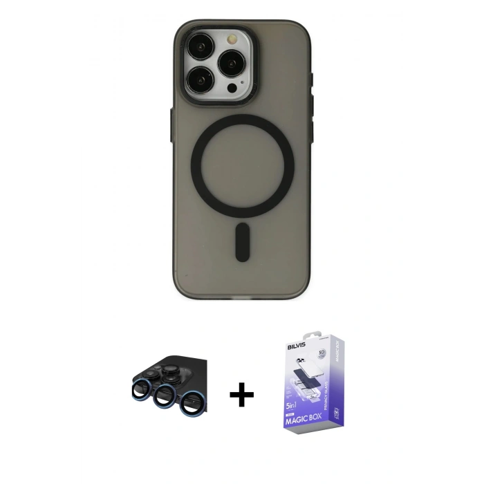 MARSİLYAN™- iPhone 15 Pro Kılıf Yadigar Işık - Siyah Bilvis 5in1 5D Magic Hayalet Cam Ekran Koruyucu + Raze Metal Kamera Lens - LT