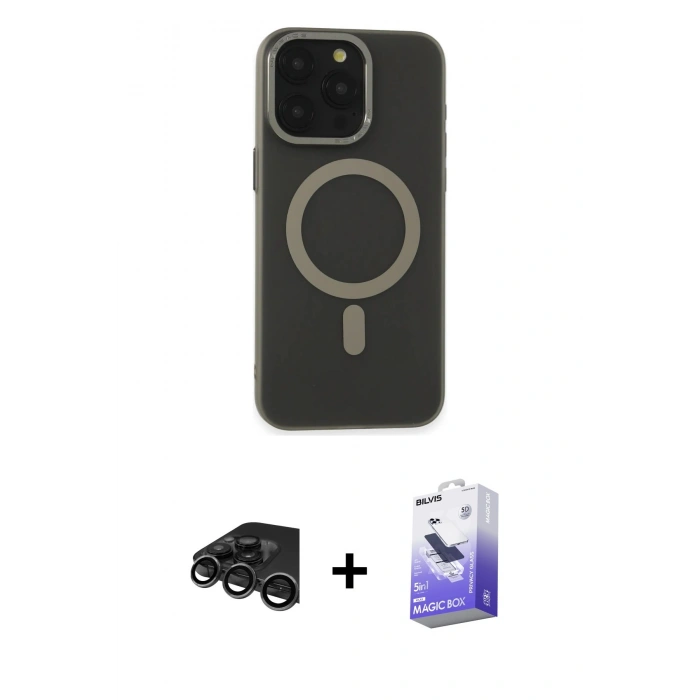MARSİLYAN™- iPhone 15 Pro Kılıf Yadigar Işık - Siyah Bilvis 5in1 5D Magic Hayalet Cam Ekran Koruyucu + Raze Metal Kamera Lens - TMGI