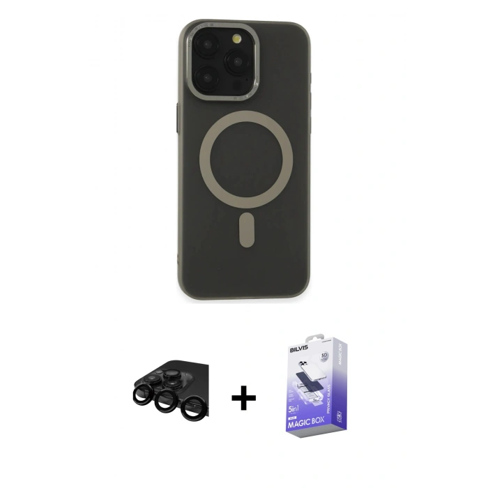 MARSİLYAN™- iPhone 15 Pro Kılıf Yadigar Işık - Siyah Bilvis 5in1 5D Magic Hayalet Cam Ekran Koruyucu + Raze Metal Kamera Lens - SH
