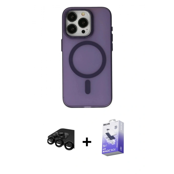 MARSİLYAN™- iPhone 15 Pro Kılıf Yadigar Işık - Siyah Bilvis 5in1 5D Magic Hayalet Cam Ekran Koruyucu + Raze Metal Kamera Lens - SH