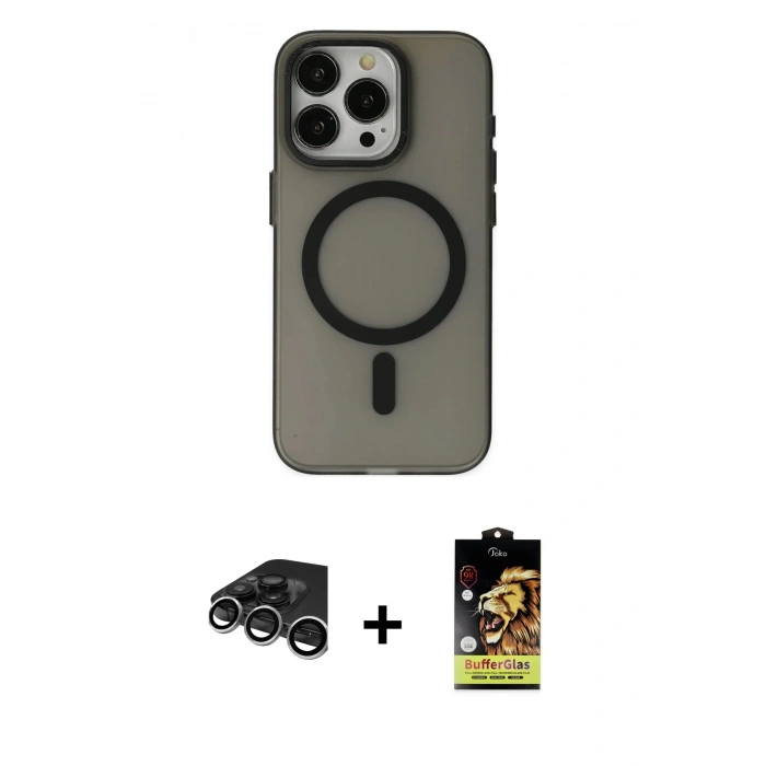 MARSİLYAN™- iPhone 15 Pro Kılıf Yadigar Işık - Siyah Buffer Cam Ekran Koruyucu + Raze Metal Kamera Lens - GS