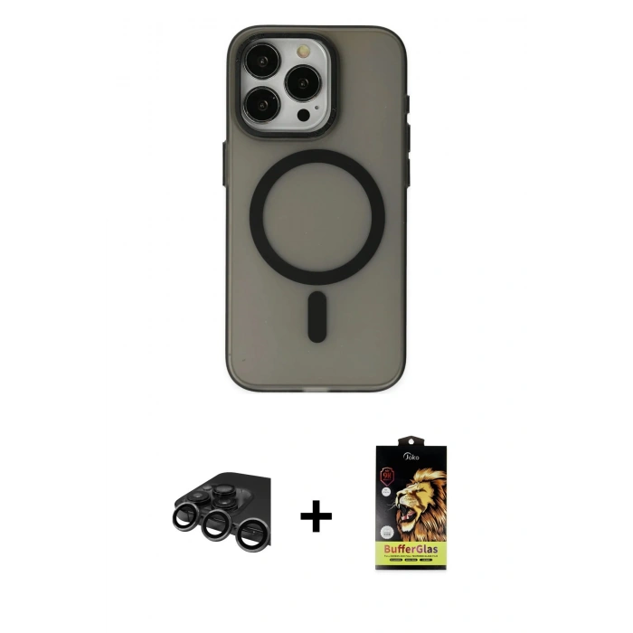 MARSİLYAN™- iPhone 15 Pro Kılıf Yadigar Işık - Siyah Buffer Cam Ekran Koruyucu + Raze Metal Kamera Lens - TMGI