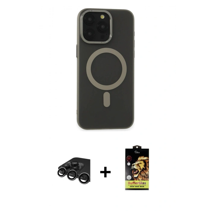 MARSİLYAN™- iPhone 15 Pro Kılıf Yadigar Işık - Siyah Buffer Cam Ekran Koruyucu + Raze Metal Kamera Lens - TMGI
