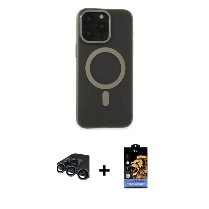 MARSİLYAN™- iPhone 15 Pro Kılıf Yadigar Işık - Siyah Buffer Hayalet Cam Ekran Koruyucu + Raze Metal Kamera Lens - LT