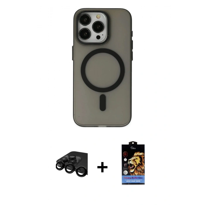 MARSİLYAN™- iPhone 15 Pro Kılıf Yadigar Işık - Siyah Buffer Hayalet Cam Ekran Koruyucu + Raze Metal Kamera Lens - SH
