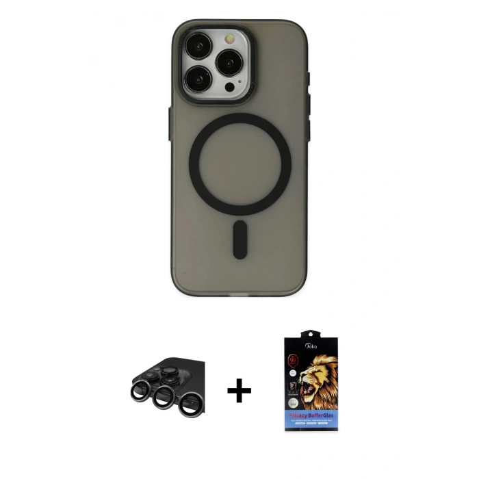 MARSİLYAN™- iPhone 15 Pro Kılıf Yadigar Işık - Siyah Buffer Hayalet Cam Ekran Koruyucu + Raze Metal Kamera Lens - TMGI