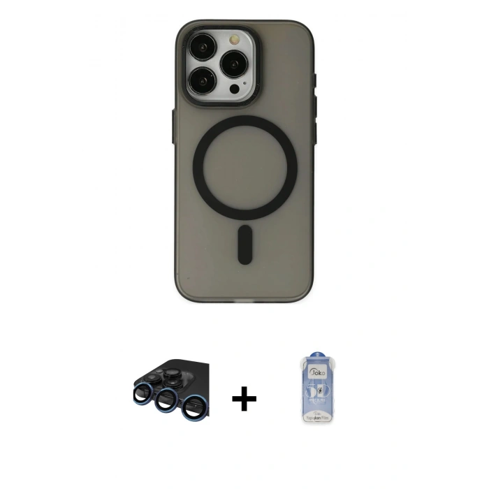 MARSİLYAN™- iPhone 15 Pro Kılıf Yadigar Işık - Siyah Joko Magic 5D Cam + Lacivert Raze Metal Kamera Lens