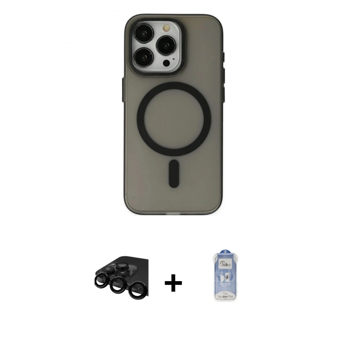 MARSİLYAN™- iPhone 15 Pro Kılıf Yadigar Işık - Siyah Joko Magic 5D Cam + Raze Metal Kamera Lens - SH