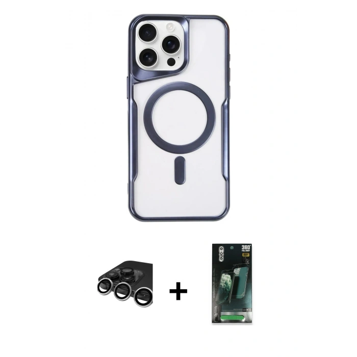 MARSİLYAN™- iPhone 15 Pro Kılıf Yadigar Klasik Özel Seri - Şeffaf 360 Full Body Arka Koruyucu + Raze Metal Kamera Lens - GS