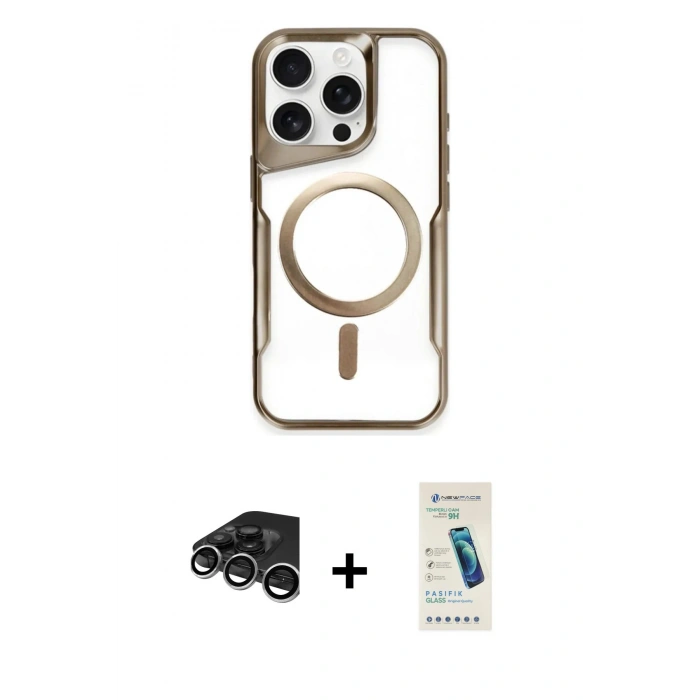 MARSİLYAN™- iPhone 15 Pro Kılıf Yadigar Klasik Özel Seri - Şeffaf Pasifik Cam Ekran Koruyucu + Raze Metal Kamera Lens - GS