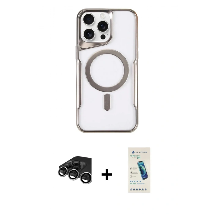MARSİLYAN™- iPhone 15 Pro Kılıf Yadigar Klasik Özel Seri - Şeffaf Pasifik Cam Ekran Koruyucu + Raze Metal Kamera Lens - GS