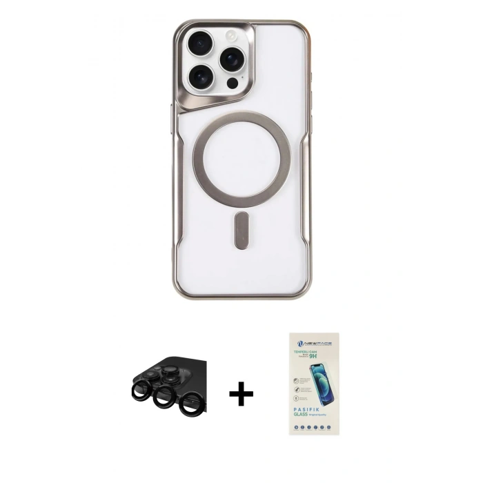 MARSİLYAN™- iPhone 15 Pro Kılıf Yadigar Klasik Özel Seri - Şeffaf Pasifik Cam Ekran Koruyucu + Raze Metal Kamera Lens - SH