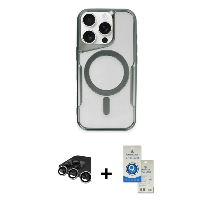 MARSİLYAN™- iPhone 15 Pro Kılıf Yadigar Klasik Özel Seri - Şeffaf Royal Nano Ekran Koruyucu + Gümüş Raze Metal Kamera Lens