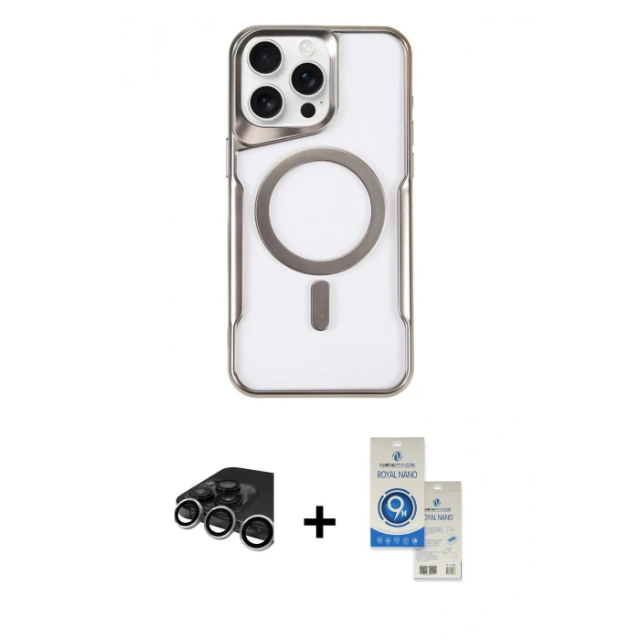 MARSİLYAN™- iPhone 15 Pro Kılıf Yadigar Klasik Özel Seri - Şeffaf Royal Nano Ekran Koruyucu + Gümüş Raze Metal Kamera Lens