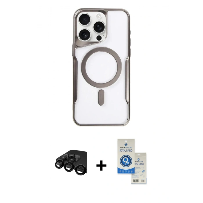 MARSİLYAN™- iPhone 15 Pro Kılıf Yadigar Klasik Özel Seri - Şeffaf Royal Nano Ekran Koruyucu + Raze Metal Kamera Lens - SH