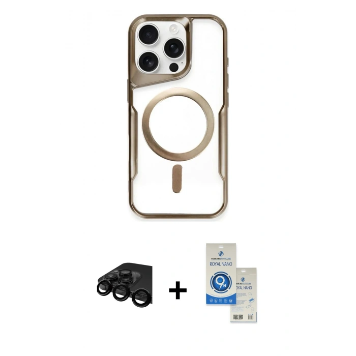 MARSİLYAN™- iPhone 15 Pro Kılıf Yadigar Klasik Özel Seri - Şeffaf Royal Nano Ekran Koruyucu + Raze Metal Kamera Lens - SH