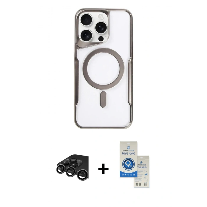 MARSİLYAN™- iPhone 15 Pro Kılıf Yadigar Klasik Özel Seri - Şeffaf Royal Nano Ekran Koruyucu + Raze Metal Kamera Lens - TMGI