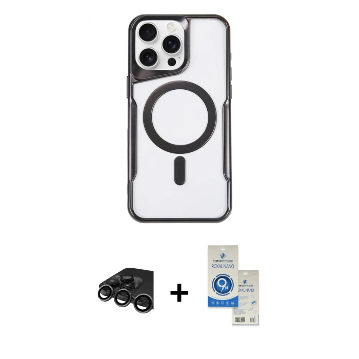 MARSİLYAN™- iPhone 15 Pro Kılıf Yadigar Klasik Özel Seri - Şeffaf Royal Nano Ekran Koruyucu + Raze Metal Kamera Lens - TMGI