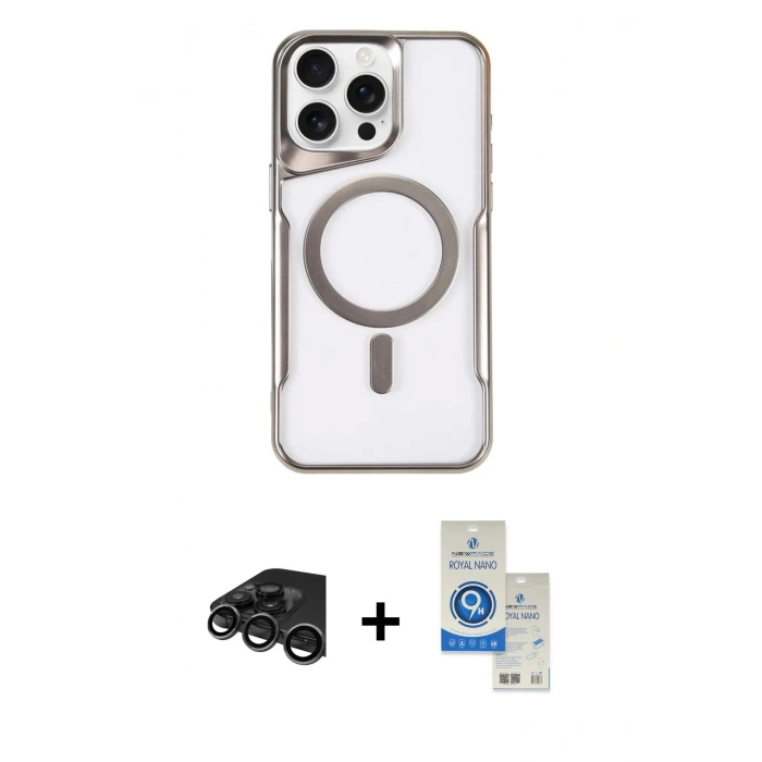 MARSİLYAN™- iPhone 15 Pro Kılıf Yadigar Klasik Özel Seri - Şeffaf Royal Nano Ekran Koruyucu + Raze Metal Kamera Lens - TMGI