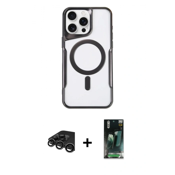 MARSİLYAN™- iPhone 15 Pro Kılıf Yadigar Klasik Özel Seri - Siyah 360 Mat Full Body Arka Koruyucu + Raze Metal Kamera Lens - TMGI