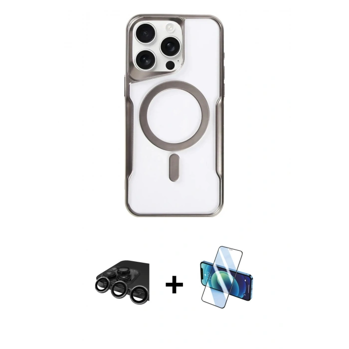MARSİLYAN™- iPhone 15 Pro Kılıf Yadigar Klasik Özel Seri - Siyah 3D Antistatik Cam Ekran Koruyucu + Raze Metal Kamera Lens - TMGI