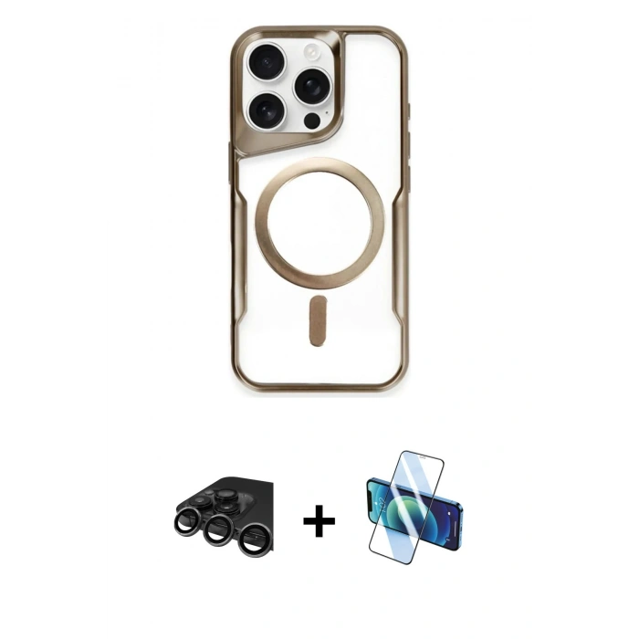 MARSİLYAN™- iPhone 15 Pro Kılıf Yadigar Klasik Özel Seri - Siyah 3D Antistatik Cam Ekran Koruyucu + Titanyum Gri Raze Metal Kamera Lens