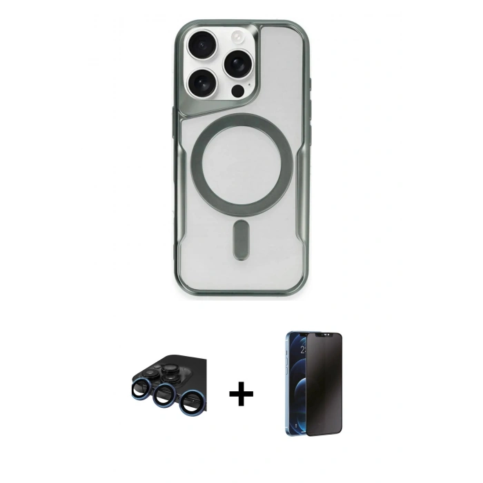 MARSİLYAN™- iPhone 15 Pro Kılıf Yadigar Klasik Özel Seri - Siyah 3D Antistatik Hayalet Cam Ekran Koruyucu + Raze Metal Kamera Lens - LT