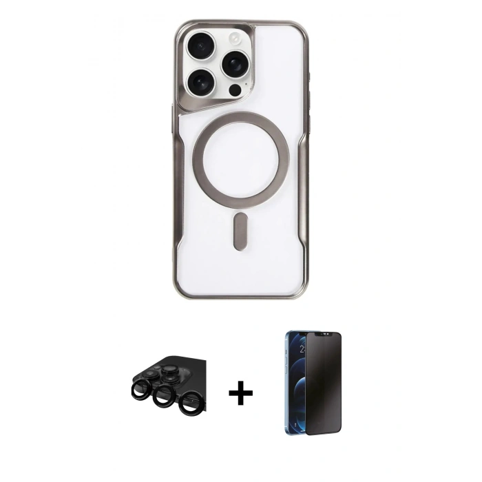 MARSİLYAN™- iPhone 15 Pro Kılıf Yadigar Klasik Özel Seri - Siyah 3D Antistatik Hayalet Cam Ekran Koruyucu + Raze Metal Kamera Lens - SH