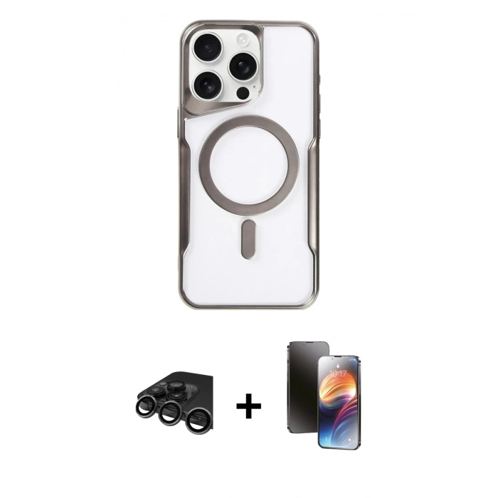 MARSİLYAN™- iPhone 15 Pro Kılıf Yadigar Klasik Özel Seri - Siyah 3D Antistatik Mat Seramik Nano Ekran Koruyucu + Raze Metal Kamera Lens - TMGI