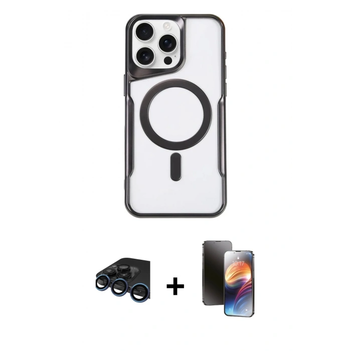 MARSİLYAN™- iPhone 15 Pro Kılıf Yadigar Klasik Özel Seri - Siyah 3D Antistatik Mat Seramik Nano Ekran Koruyucu + Raze Metal Kamera Lens - LT