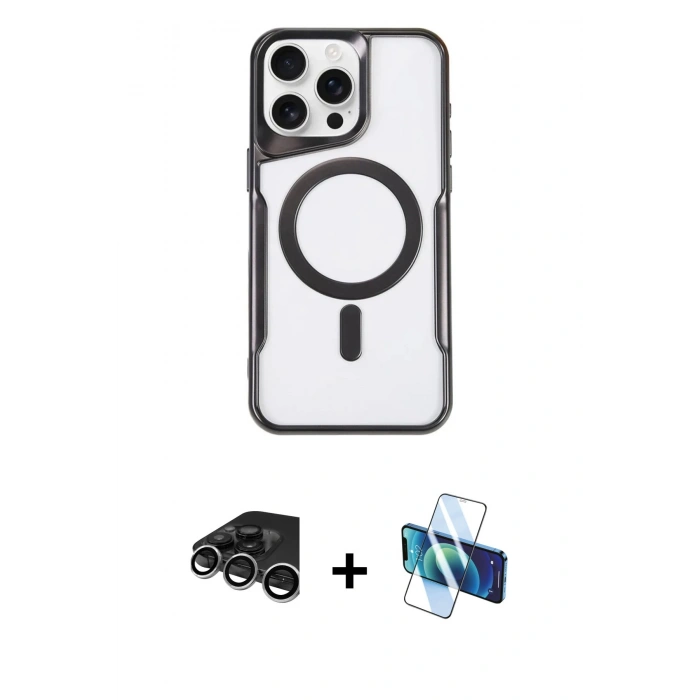 MARSİLYAN™- iPhone 15 Pro Kılıf Yadigar Klasik Özel Seri - Siyah 3D Antistatik Seramik Nano Ekran Koruyucu + Raze Metal Kamera Lens - GS