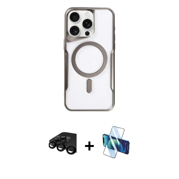 MARSİLYAN™- iPhone 15 Pro Kılıf Yadigar Klasik Özel Seri - Siyah 3D Antistatik Seramik Nano Ekran Koruyucu + Siyah Raze Metal Kamera Lens