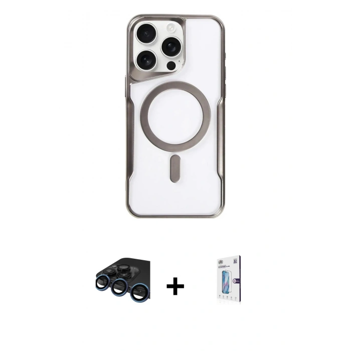 MARSİLYAN™- iPhone 15 Pro Kılıf Yadigar Klasik Özel Seri - Siyah Bilvis 0.18mm Plus Cam Ekran Koruyucu + Lacivert Raze Metal Kamera Lens
