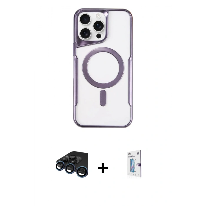 MARSİLYAN™- iPhone 15 Pro Kılıf Yadigar Klasik Özel Seri - Siyah Bilvis 0.18mm Plus Cam Ekran Koruyucu + Lacivert Raze Metal Kamera Lens