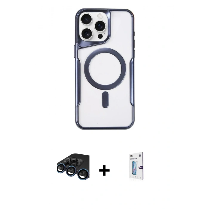 MARSİLYAN™- iPhone 15 Pro Kılıf Yadigar Klasik Özel Seri - Siyah Bilvis 0.18mm Plus Cam Ekran Koruyucu + Lacivert Raze Metal Kamera Lens