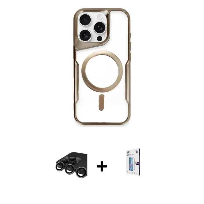 MARSİLYAN™- iPhone 15 Pro Kılıf Yadigar Klasik Özel Seri - Siyah Bilvis 0.18mm Plus Cam Ekran Koruyucu + Raze Metal Kamera Lens - TMGI