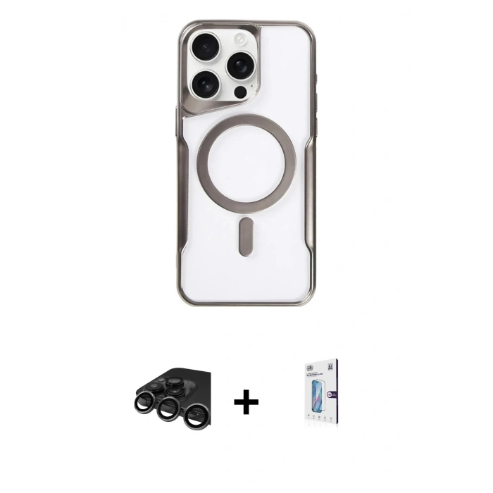 MARSİLYAN™- iPhone 15 Pro Kılıf Yadigar Klasik Özel Seri - Siyah Bilvis 0.18mm Plus Cam Ekran Koruyucu + Raze Metal Kamera Lens - TMGI