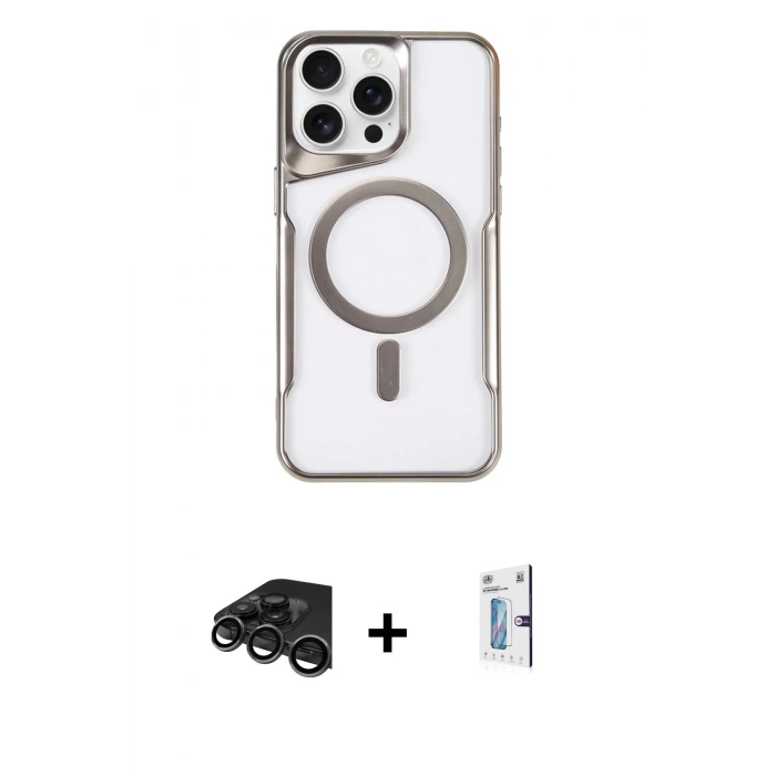 MARSİLYAN™- iPhone 15 Pro Kılıf Yadigar Klasik Özel Seri - Siyah Bilvis 0.18mm Plus Cam Ekran Koruyucu + Raze Metal Kamera Lens - TMGI