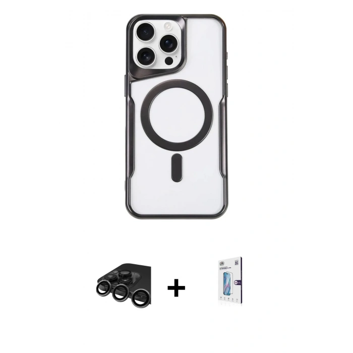 MARSİLYAN™- iPhone 15 Pro Kılıf Yadigar Klasik Özel Seri - Siyah Bilvis 0.18mm Plus Cam Ekran Koruyucu + Raze Metal Kamera Lens - TMGI